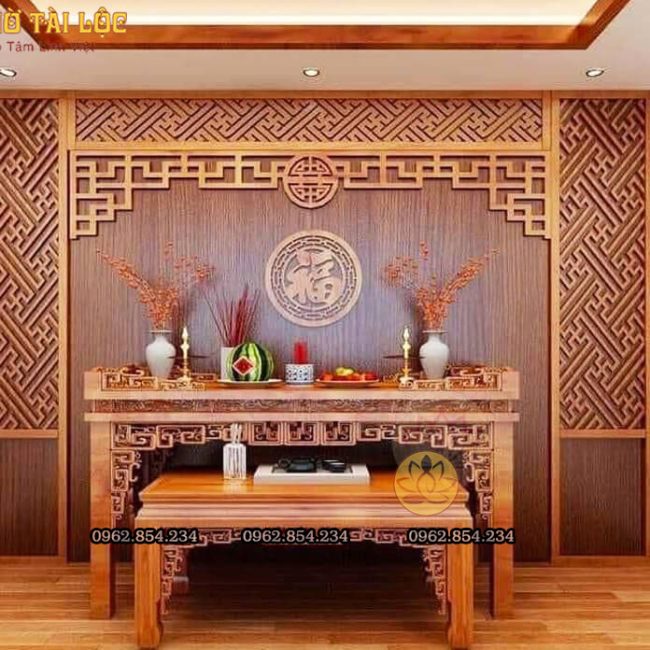 Mẫu phòng thờ đẹp, trang trí phòng thờ gỗ gõ hiện đại A12